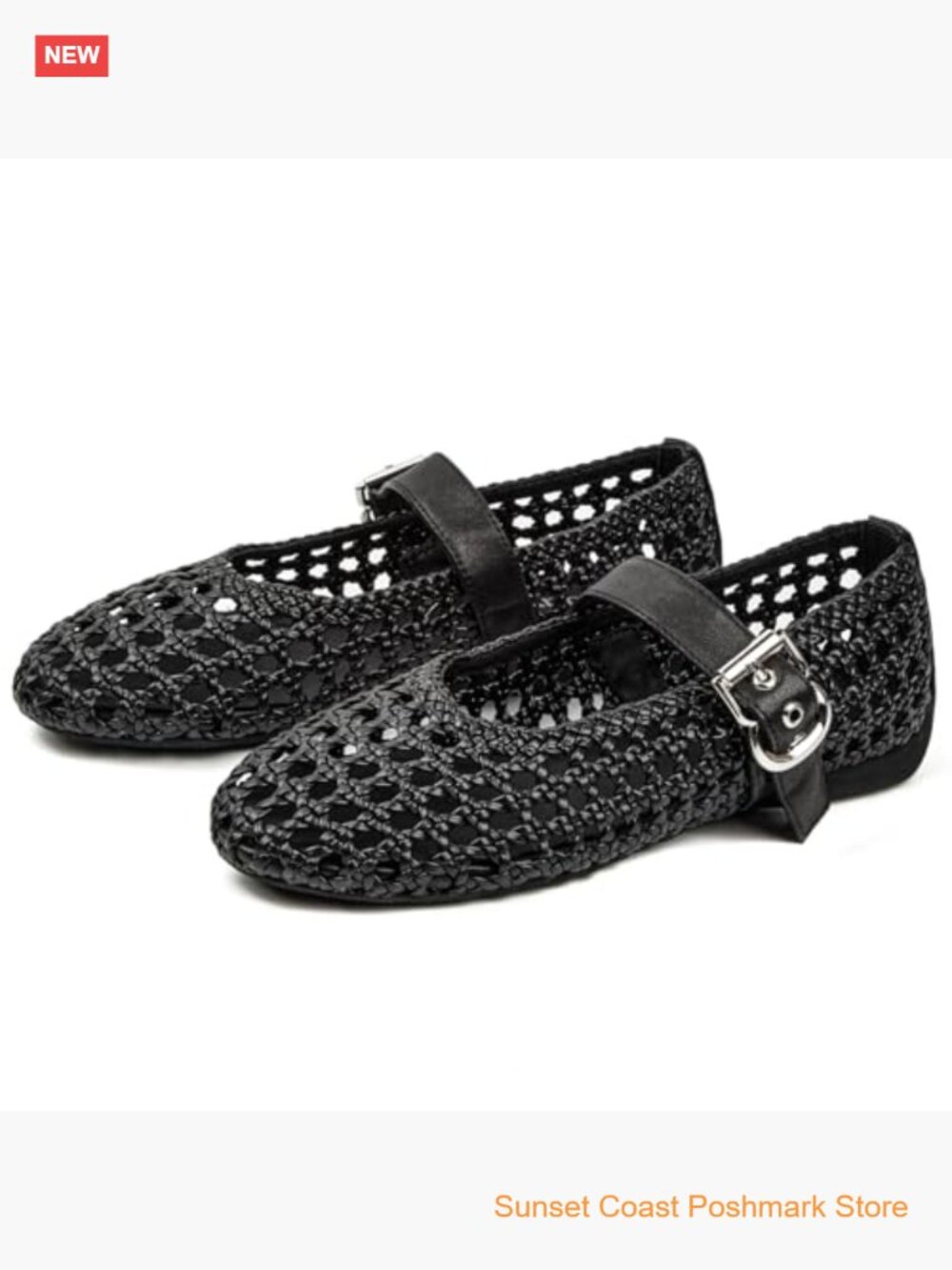 Woven Mesh Ballet Flats Round Toe Buckle Strap Mary Janes - Picture 3 of 7